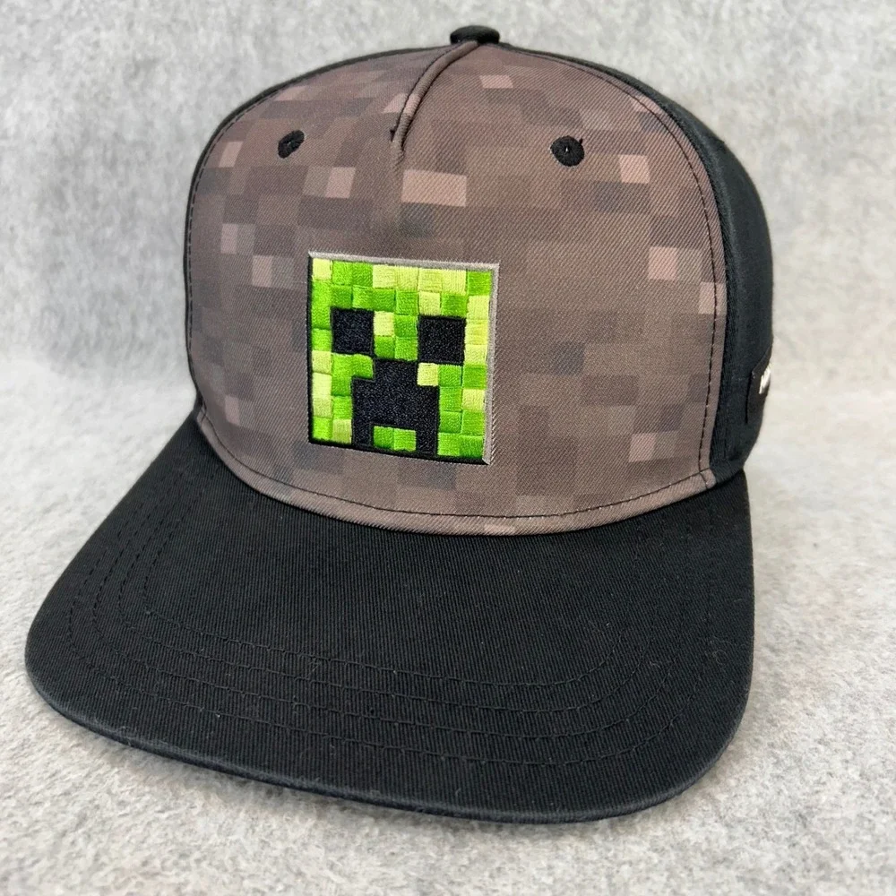 Creeper Face Youth Black Minecraft Hat Snapback Pixel Print Gaming Cap OS